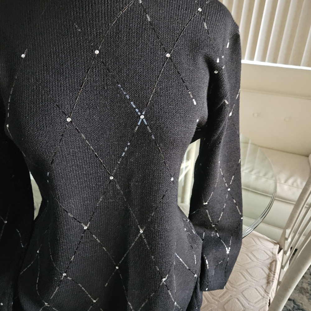 *St. John* Black Knitting Dress with Silver Accents - Picture 4 of 14